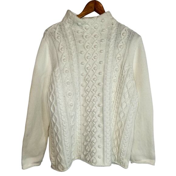 Talbots Women's Cable Knit Fisherman's Sweater Mock Neck Thick Knit Off White XL - Picture 1 of 8
